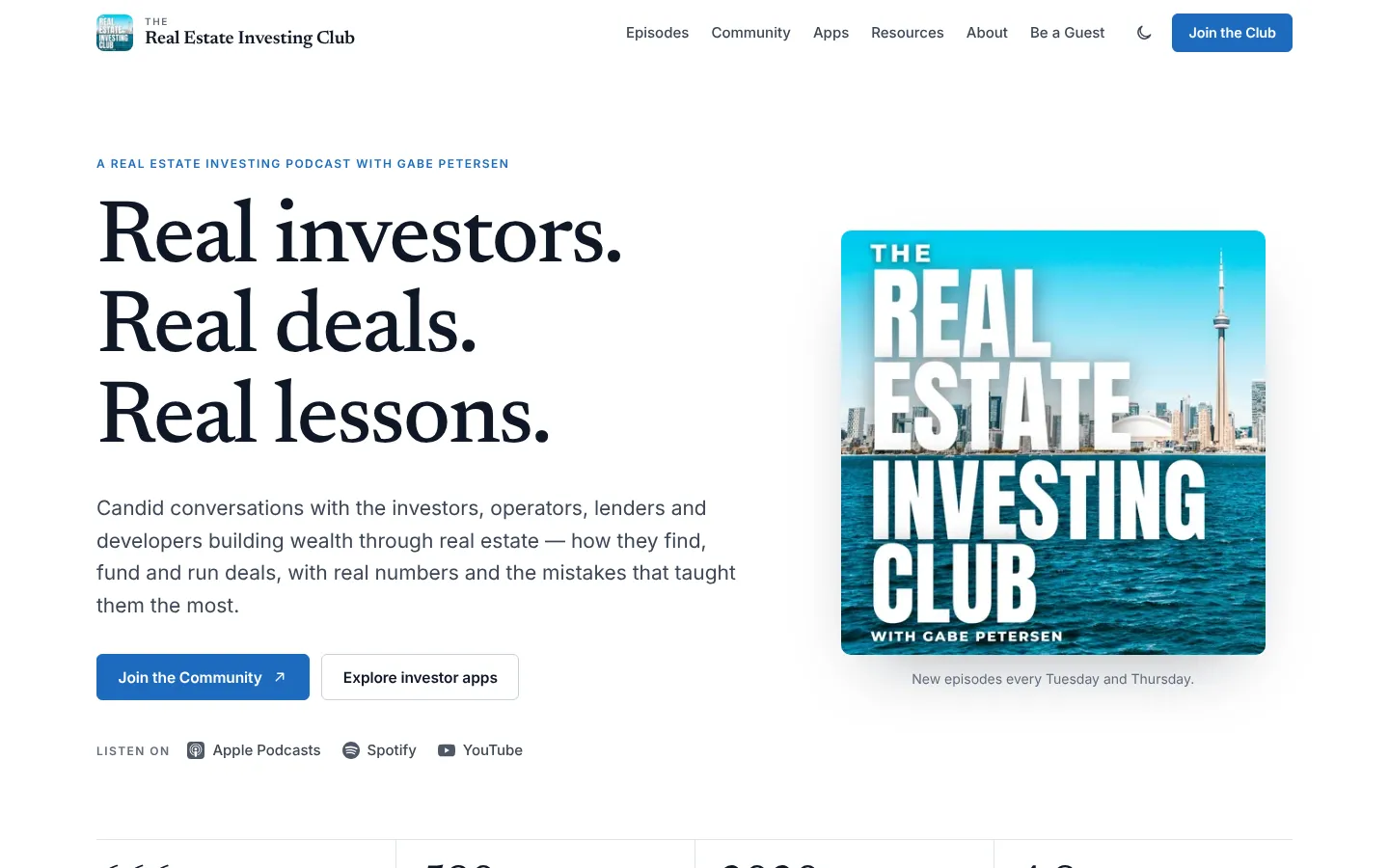 Homepage of The Real Estate Investing Club website showing the show title, host Gabe Petersen and the latest episode.
